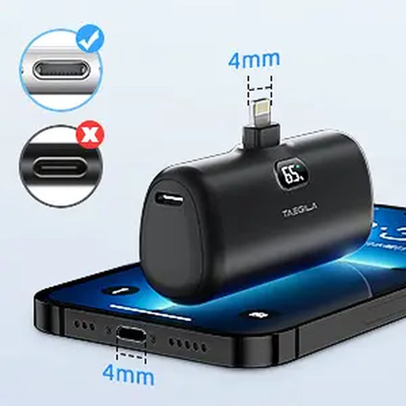 Small Portable Charger Iphone 5000Mah with Built in Cable, Mfi Certified Compact Power Bank with LCD Display & LED Light for All Iphone Series 14/13/12/11/XR/X/SE/8/7/6 Pro Max(Black) Phone