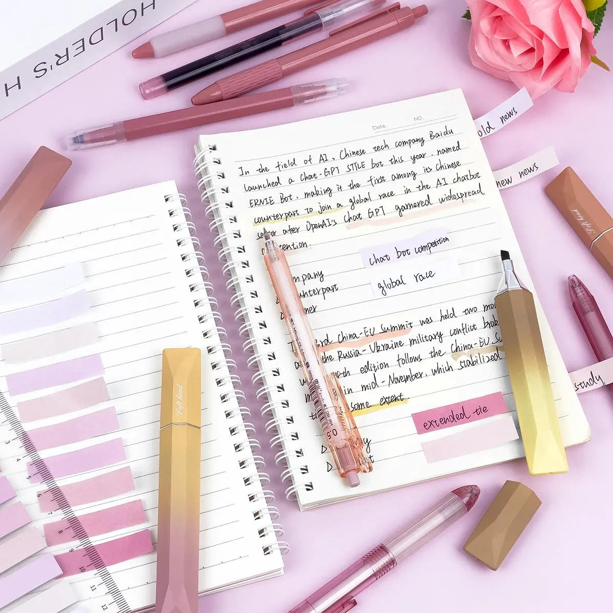 Gradient Gel Pen Set, 1 Set Including 7Pcs Gel Pen, 4Pcs Highlighter Pen & 200Pcs Index Sticker, Multifunctional Writing Stationery Set for School Office Home Use