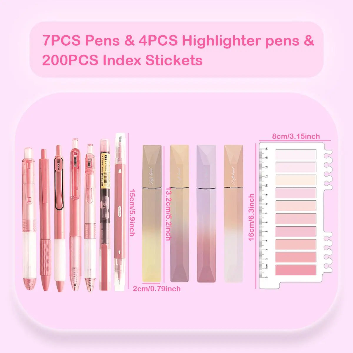 Gradient Gel Pen Set, 1 Set Including 7Pcs Gel Pen, 4Pcs Highlighter Pen & 200Pcs Index Sticker, Multifunctional Writing Stationery Set for School Office Home Use