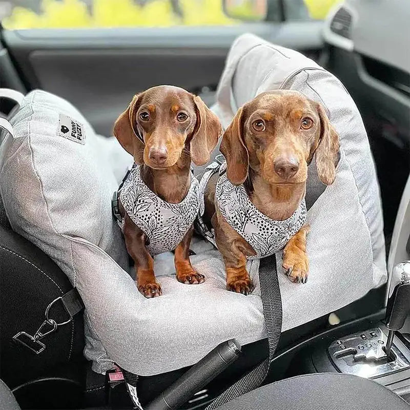 FUNNYFUZZY Dog Car Seat Bed - First Class with Adjustable, Seat Belt, Cushion Design, Bolster Support, Non-Skid Bottom, Dual-Sided Pillow, Use for Front or Back Seats, Detachable Design, Removable Cover, Machine Washable, 2 Ways to Carry