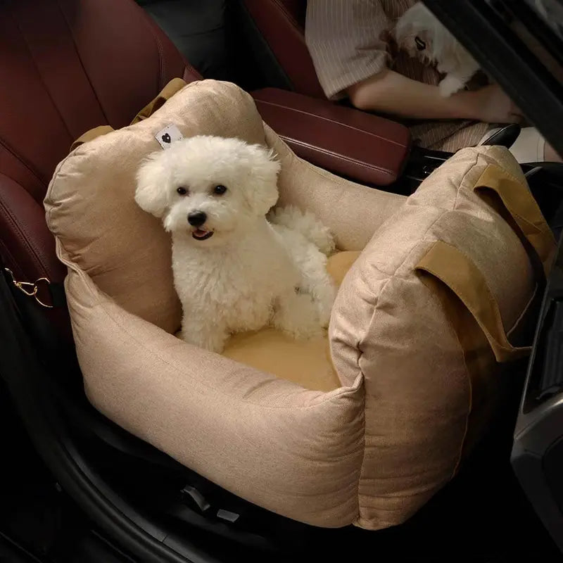 FUNNYFUZZY Dog Car Seat Bed - First Class with Adjustable, Seat Belt, Cushion Design, Bolster Support, Non-Skid Bottom, Dual-Sided Pillow, Use for Front or Back Seats, Detachable Design, Removable Cover, Machine Washable, 2 Ways to Carry