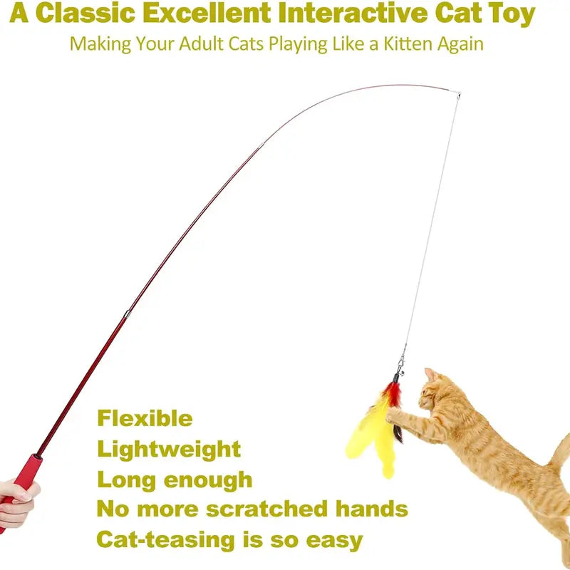 Interactive Cat Toys - Retractable Wand Toy and Feather Toys Refills for Indoor Cats to Chase and Exercise