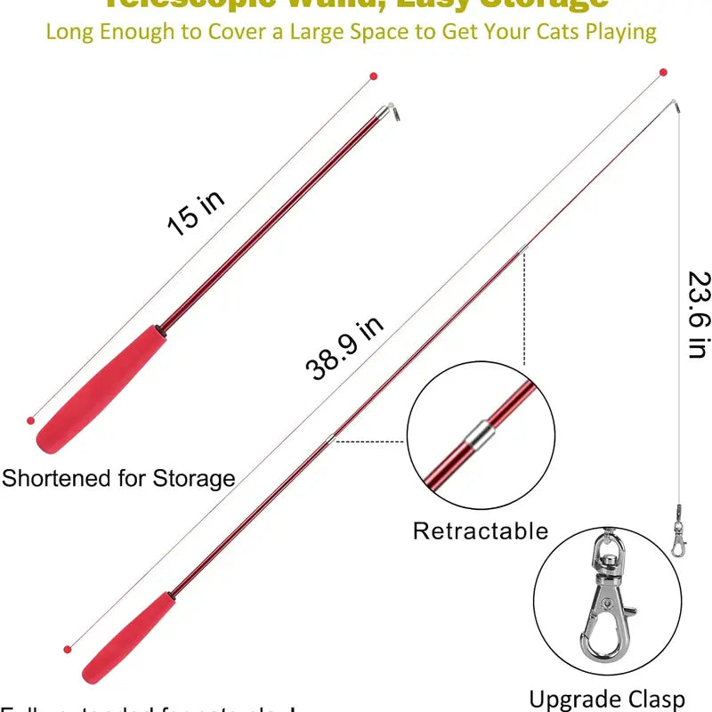 Interactive Cat Toys - Retractable Wand Toy and Feather Toys Refills for Indoor Cats to Chase and Exercise