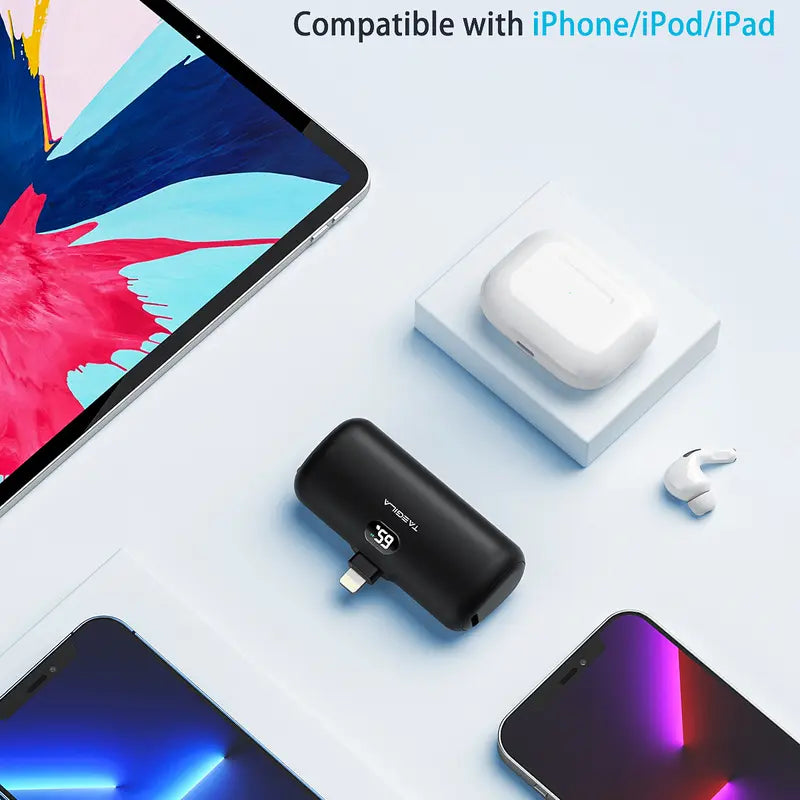 Small Portable Charger Iphone 5000Mah with Built in Cable, Mfi Certified Compact Power Bank with LCD Display & LED Light for All Iphone Series 14/13/12/11/XR/X/SE/8/7/6 Pro Max(Black) Phone