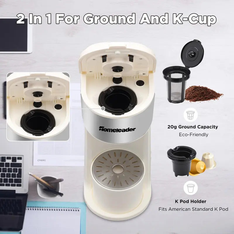 Homeleader Single Serve Coffer Maker for K-Cup and Ground Coffee, Coffee Machine with Self-Cleaning Function,6 To14Oz Brew Sizes,White
