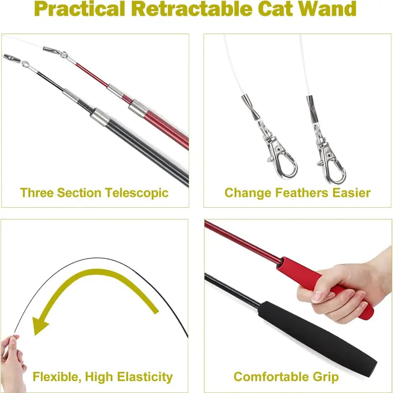 Interactive Cat Toys - Retractable Wand Toy and Feather Toys Refills for Indoor Cats to Chase and Exercise