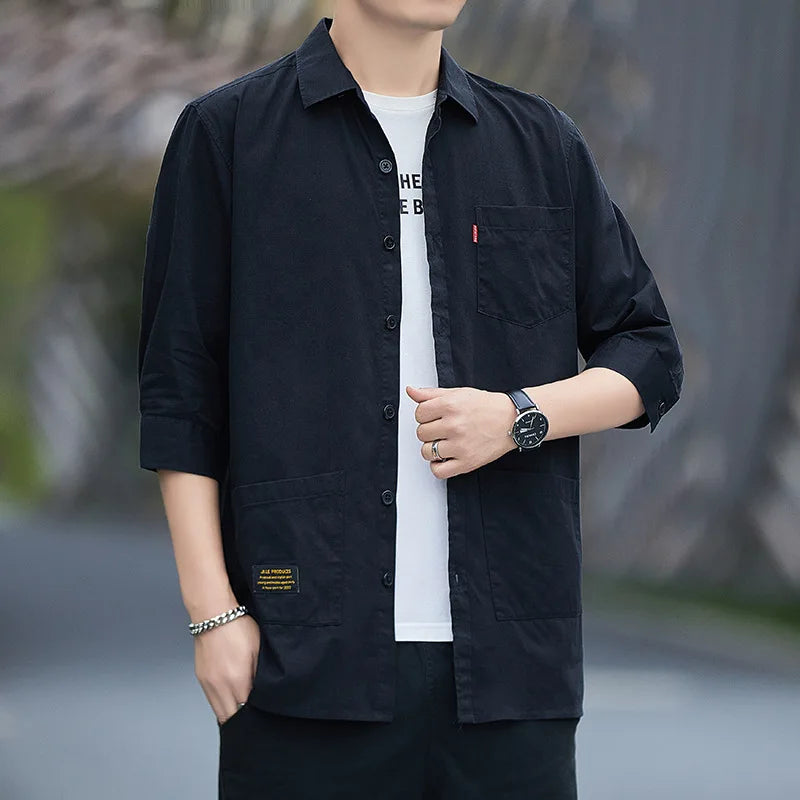 Men pure cotton three-quarter sleeve shirt