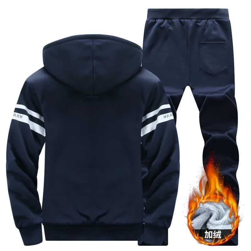 Winter Men Sports Plush Hooded Set