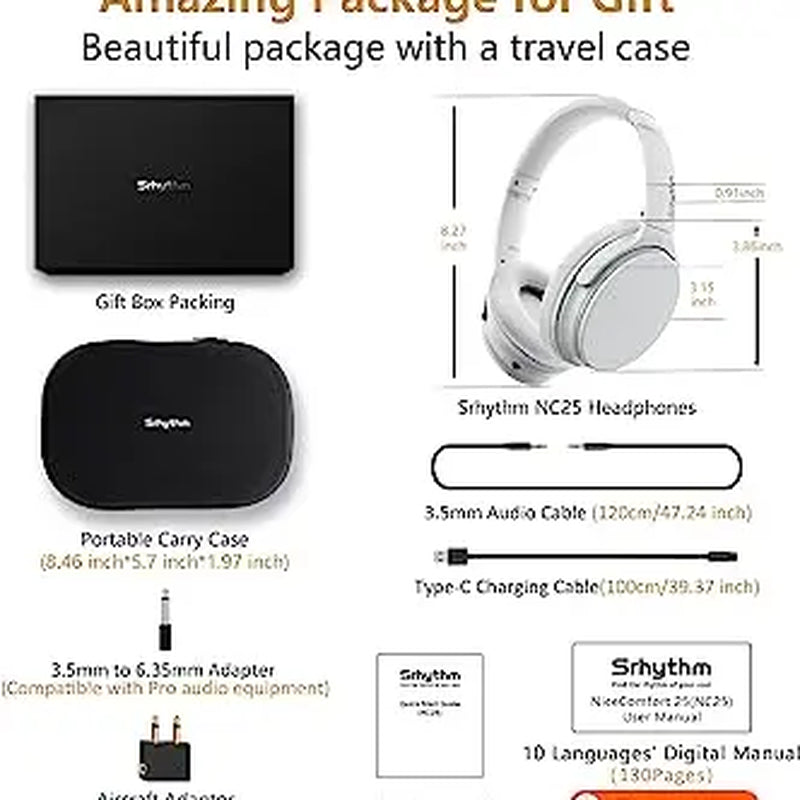 Srhythm NC25 Wireless Headphones Bluetooth 5.3, Lightweight Noise Cancelling Headset Over-Ear with Low Latency,Game Mode Audio Earphones