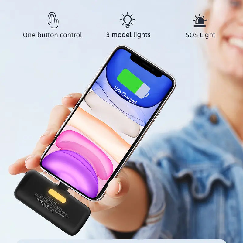 Small Portable Charger Iphone 5000Mah with Built in Cable, Mfi Certified Compact Power Bank with LCD Display & LED Light for All Iphone Series 14/13/12/11/XR/X/SE/8/7/6 Pro Max(Black) Phone
