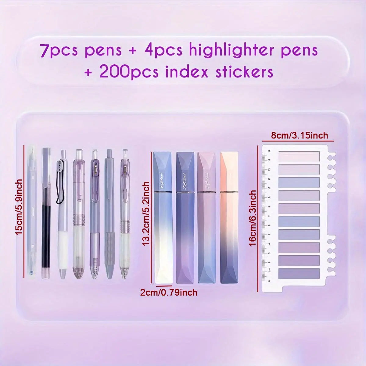 Gradient Gel Pen Set, 1 Set Including 7Pcs Gel Pen, 4Pcs Highlighter Pen & 200Pcs Index Sticker, Multifunctional Writing Stationery Set for School Office Home Use