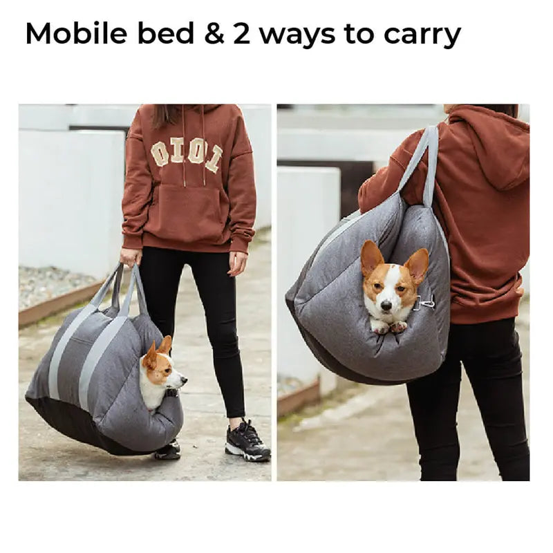 FUNNYFUZZY Dog Car Seat Bed - First Class with Adjustable, Seat Belt, Cushion Design, Bolster Support, Non-Skid Bottom, Dual-Sided Pillow, Use for Front or Back Seats, Detachable Design, Removable Cover, Machine Washable, 2 Ways to Carry
