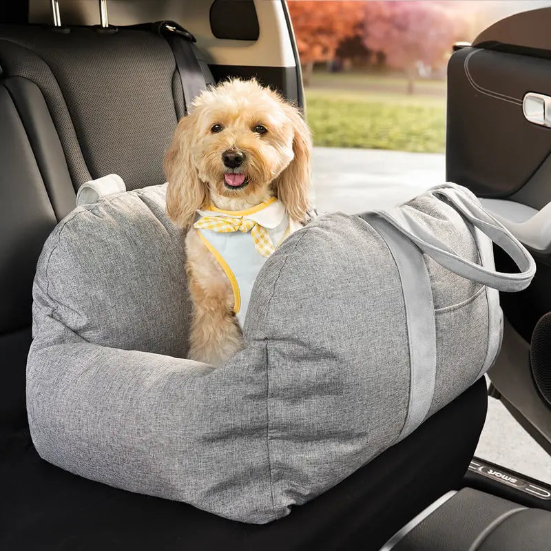 FUNNYFUZZY Dog Car Seat Bed - First Class with Adjustable, Seat Belt, Cushion Design, Bolster Support, Non-Skid Bottom, Dual-Sided Pillow, Use for Front or Back Seats, Detachable Design, Removable Cover, Machine Washable, 2 Ways to Carry