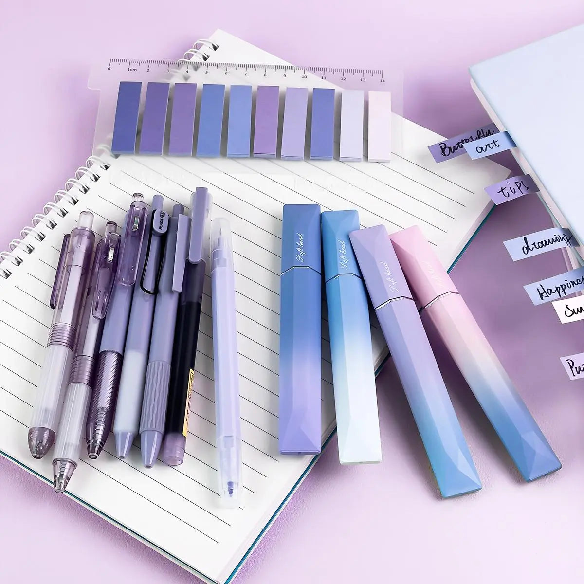 Gradient Gel Pen Set, 1 Set Including 7Pcs Gel Pen, 4Pcs Highlighter Pen & 200Pcs Index Sticker, Multifunctional Writing Stationery Set for School Office Home Use