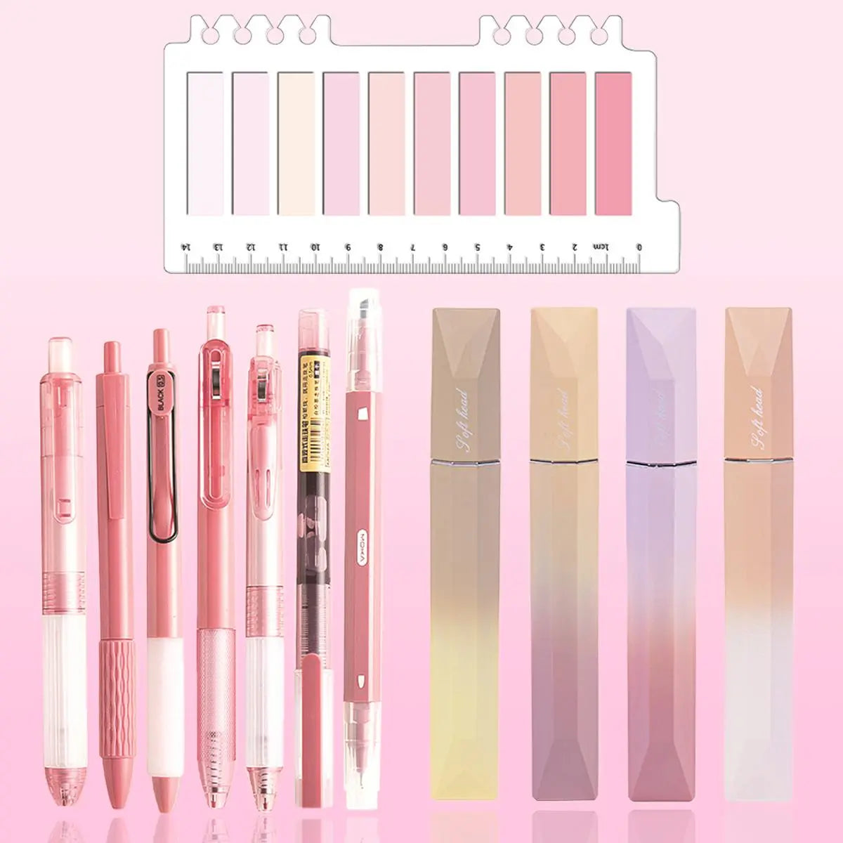 Gradient Gel Pen Set, 1 Set Including 7Pcs Gel Pen, 4Pcs Highlighter Pen & 200Pcs Index Sticker, Multifunctional Writing Stationery Set for School Office Home Use